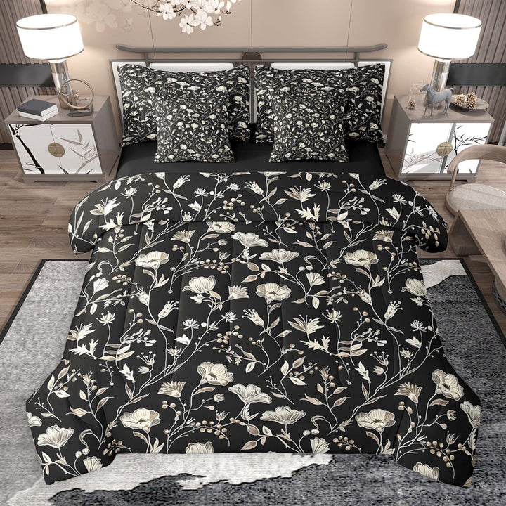 Erosebridal Vintage Flower Twin Bedding Sets for Women, Black Beige Bedding Comforter Set, Black Reversible, 7-Piece