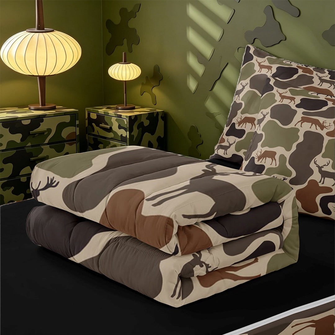 meiyoeat Rustic Camo Deer Zipper Twin Comforter Sets with Fitted Sheet and 2 Pillowcases,Jungle Animal Camouflage Silhouette Zipper Bedding Set For Men Women, Brown Beige,Black Reversible,4-Piece