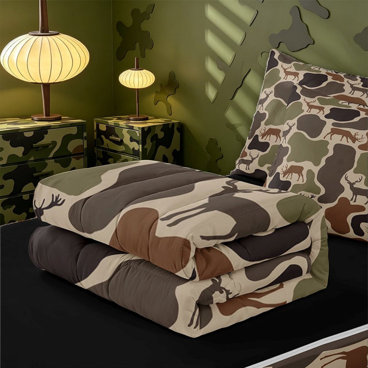 meiyoeat Rustic Camo Deer Zipper Twin Comforter Sets with Fitted Sheet and 2 Pillowcases,Jungle Animal Camouflage Silhouette Zipper Bedding Set For Men Women, Brown Beige,Black Reversible,4-Piece