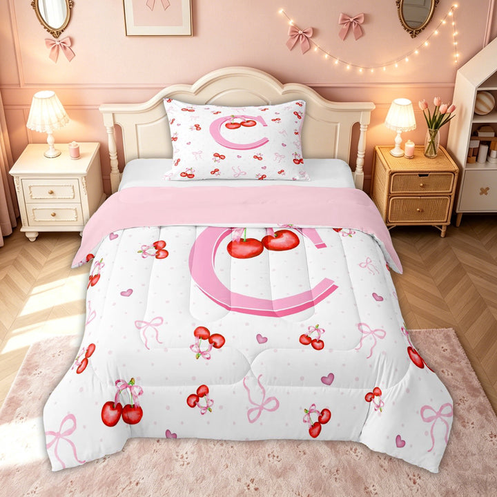 meiyoeat Cute Cherry Letter C Full Size Comforter Sets for Girls, Bowknot Fruit Bedding Comforter Set, Pink, Pink Reversible 3-Piece, 1 Comforter and 2 Pillowcases