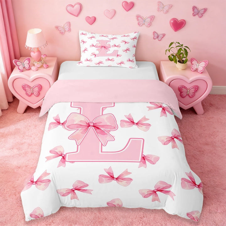 Erosebridal Initial Alphabet L Twin Bedding,Dreamy Princess Bowknot Duvet Cover Set For Bowtie Girls 2pcs,No Comforter,Reversible