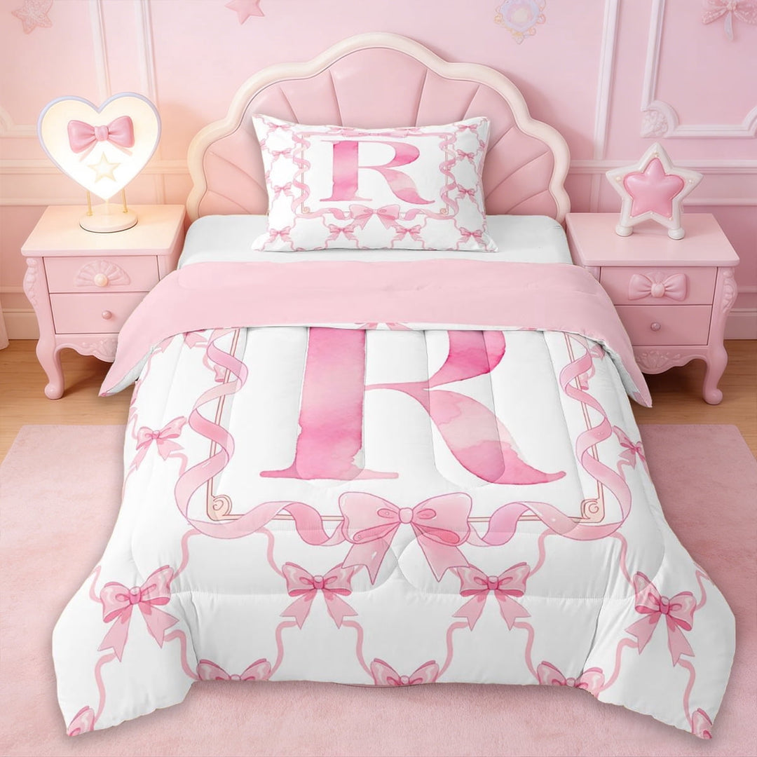 Erosebridal Girls Bowknot Personalized Twin Comforter Sets,Pink Alphabet R Print Bedding Set For Kids,Reversible pink,2pcs