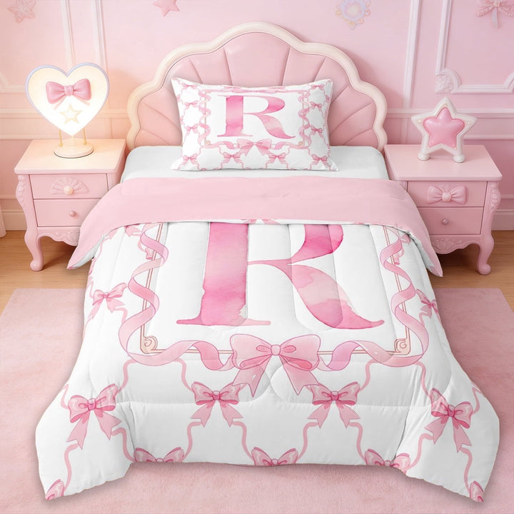 Erosebridal Girls Bowknot Personalized Twin Comforter Sets,Pink Alphabet R Print Bedding Set For Kids,Reversible pink,2pcs