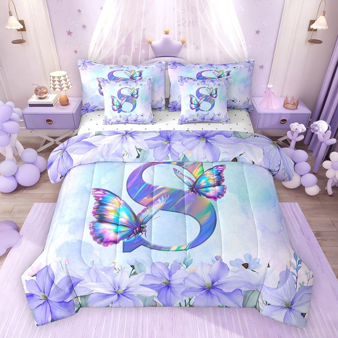 Erosebridal Purple Butterfly Twin Bedding Sets for Girls, Garden Flower Floral Bedding Comforter Set, Letter S, Reversible, 7 Pieces