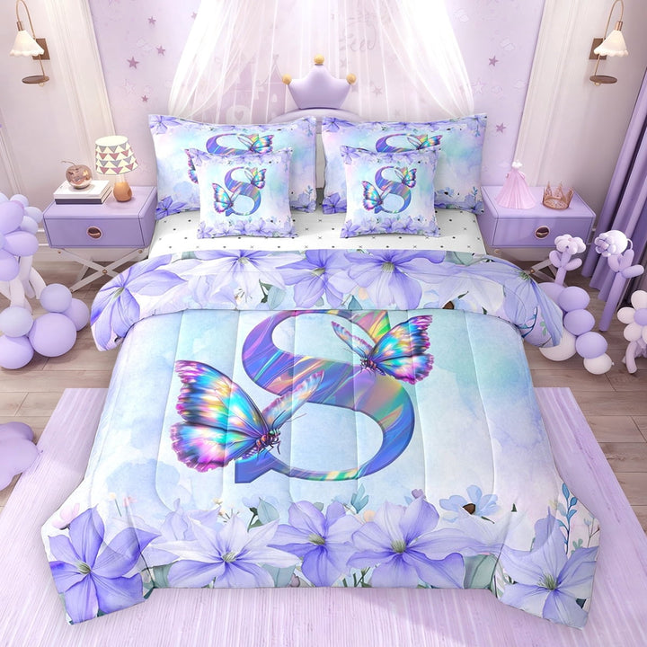 Erosebridal Purple Butterfly Twin Bedding Sets for Girls, Garden Flower Floral Bedding Comforter Set, Letter S, Reversible, 7 Pieces
