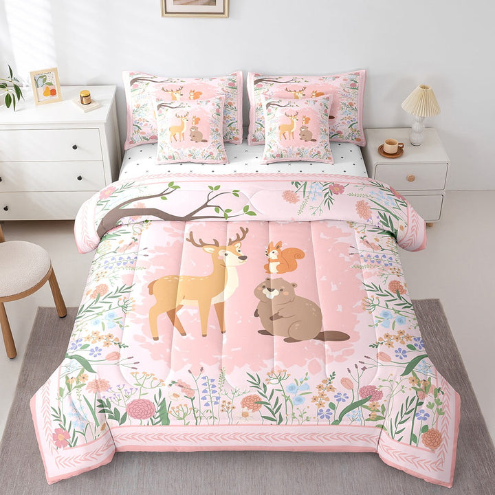 Erosebridal Floral Animal Bedding Set 7Pcs - Cute Sika Deer Squirrel Comforter Set Twin Size for Teen Woodland Animal Comforter with 2 Sheets,2 Pillowcases,2 Throw Pillow Covers