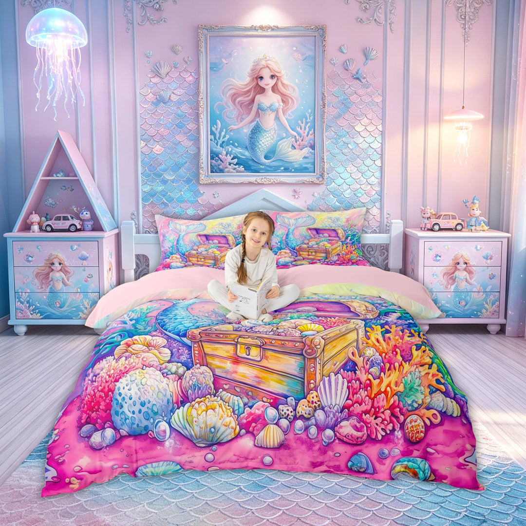 meiyoeat Rainbow Mermaid Treasure Bedding for Kids Boys Girls, Ocean Princess Duvet Cover Full, Pink Blue, Pink Reversible, 3 Pieces, 1 Duvet Cover and 2 Pillowcases