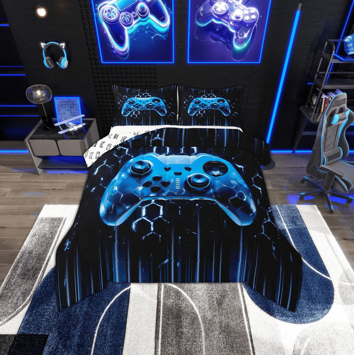 Erosebridal Gradient Blue Gampad Bedding Twin Comforter Set, Gamer Game Down Comforter for Teens Bedroom Decor, Reversible 2-Piece