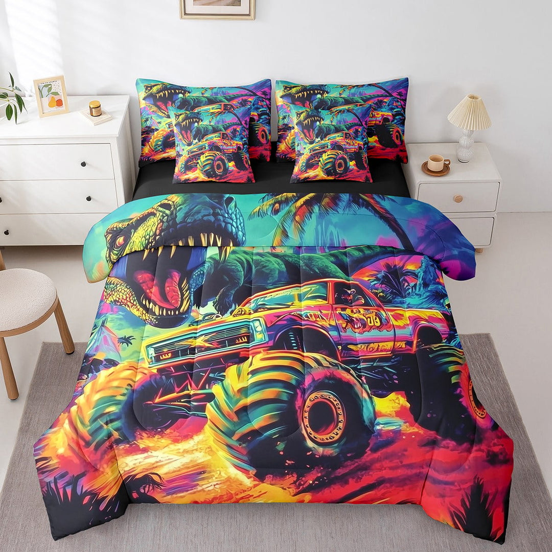 Erosebridal Cartoon Monster Bed in a Bag Twin size, Tractor Truck Bed Set, Giant Creature Decor, Reversible 7pcs