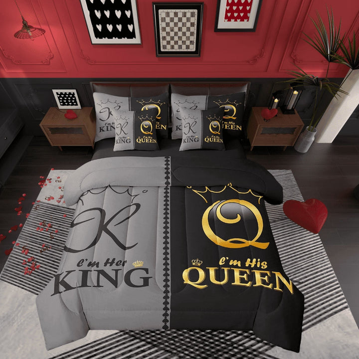 King And Queen Couple Queen Comforter Set 7 Piece For Men Women,Black Grey Gold Crown Bed In A Bag With Sheets Mr Mrs His Her Bedding Set Romantic Valentine&