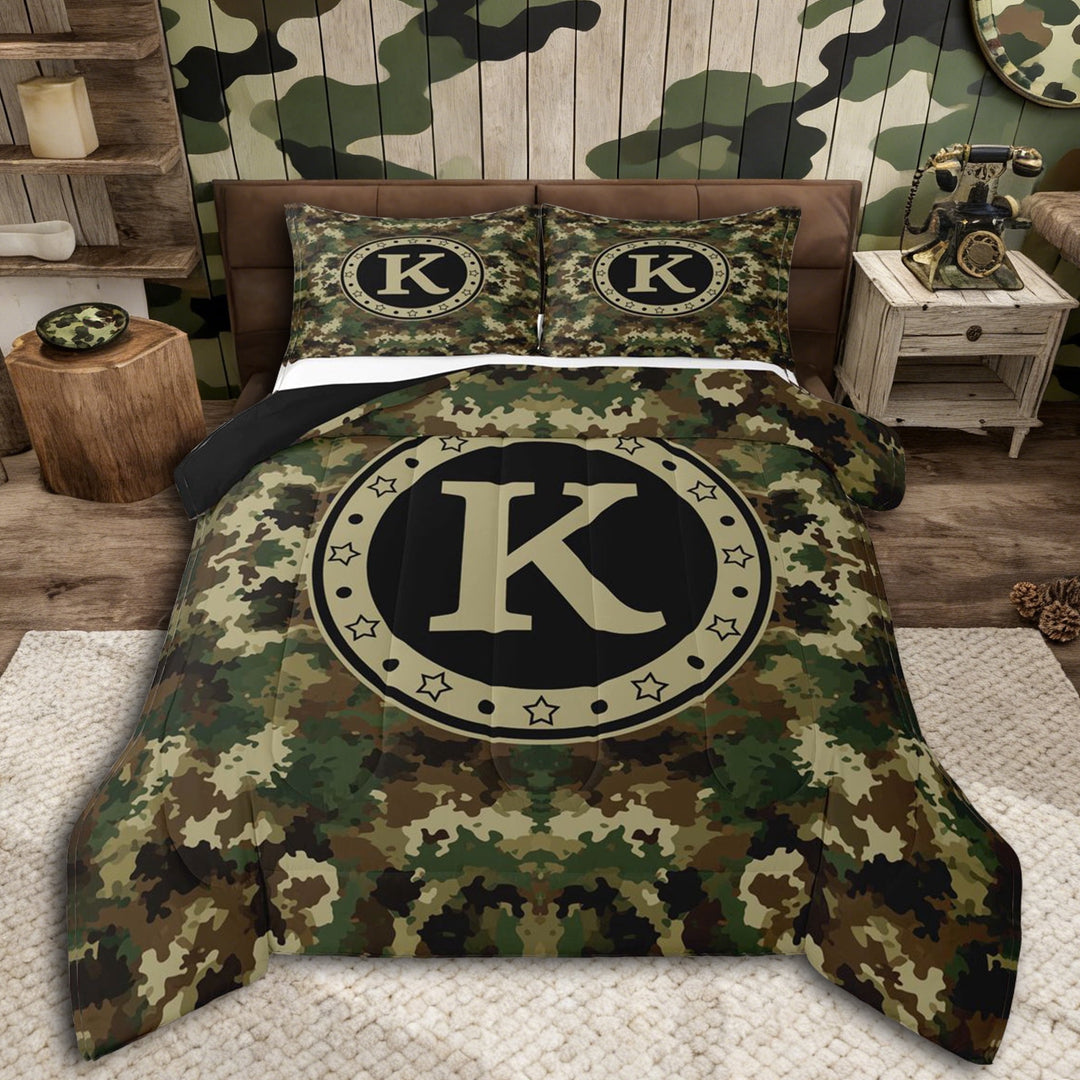 Erosebridal Boys K Personalized Initial Full Size Comforter Sets 3 Pieces,Abstract Camouflage Bedding Sets,Black Reversible