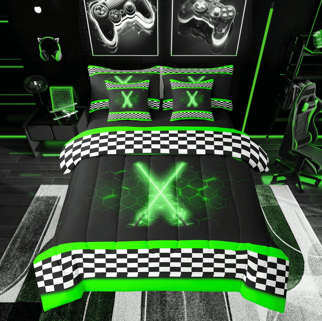 Erosebridal Teens Sports Bedding Twin Size, Lightning Bedding Sets Twin Size, Racing Checkered Decor, Reversible 7pcs