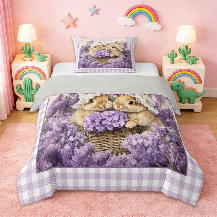 Erosebridal Rustic Lavender Flowers Twin Comforter Sets,Cute Cartoon Rabbit Bedding Set For Girls Kids, Reversible 2-Piece
