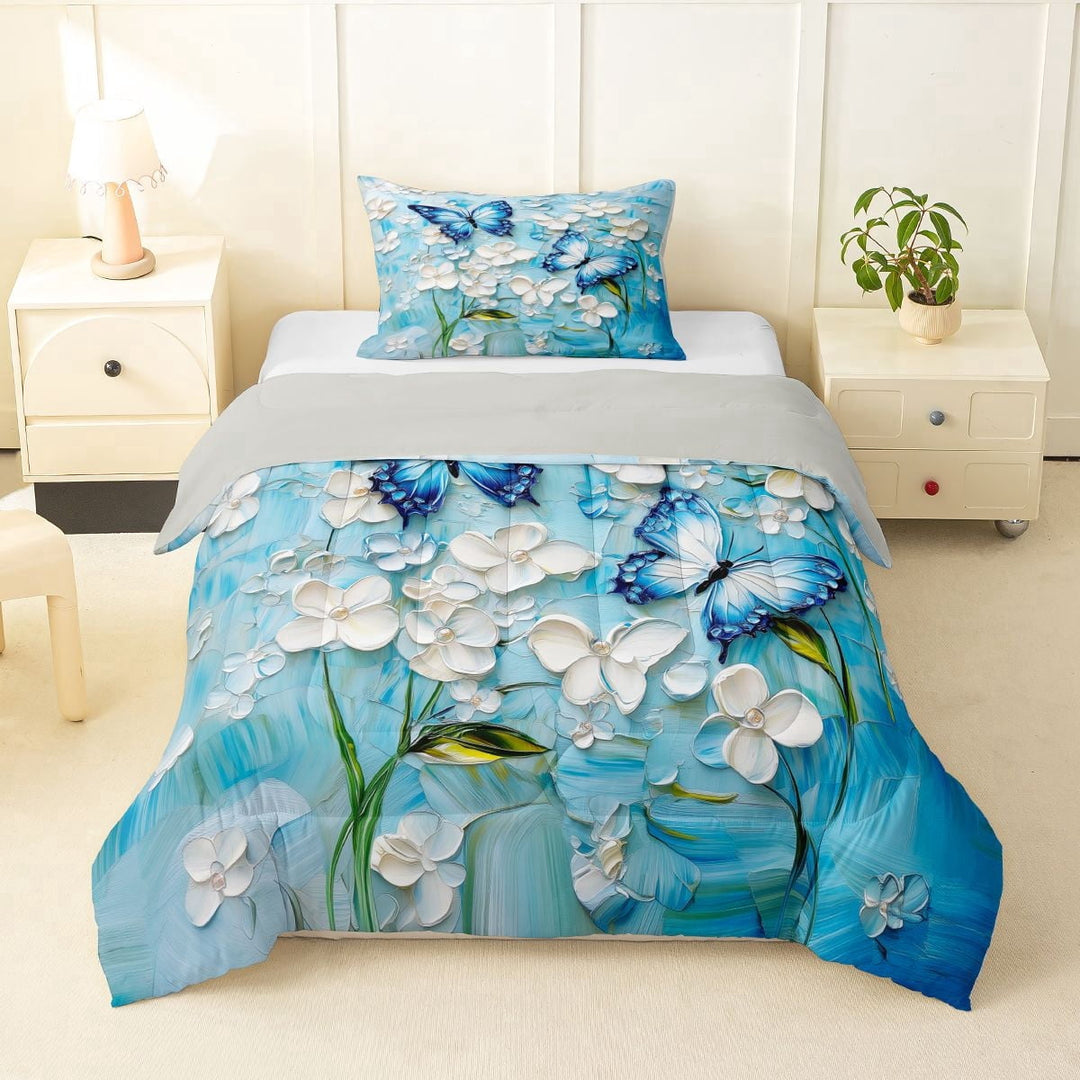 Erosebridal Boys Girls Blue White Butterflies Twin Comforter Sets 3-Piece,Gradient Watercolor Flowers Bedding Set For Teens Adults,Grey Reversible