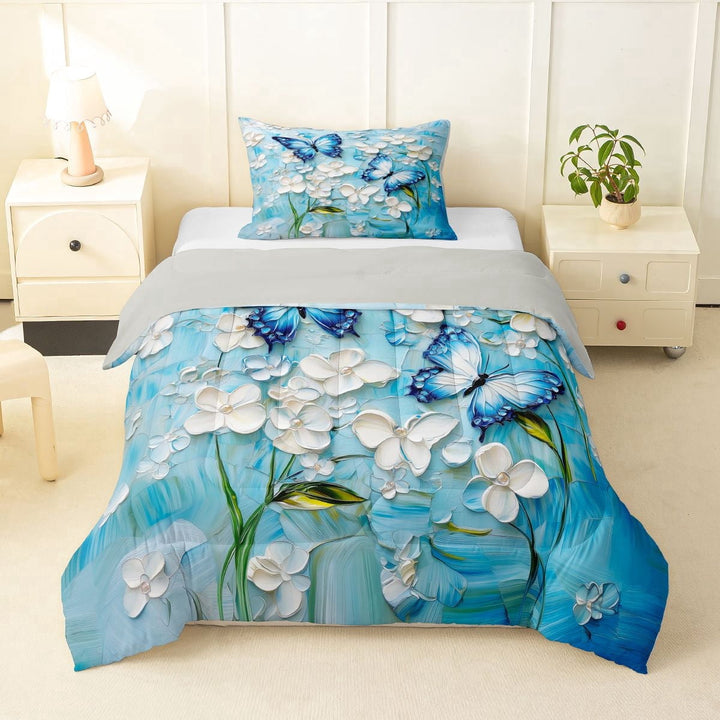 Erosebridal Boys Girls Blue White Butterflies Twin Comforter Sets 3-Piece,Gradient Watercolor Flowers Bedding Set For Teens Adults,Grey Reversible