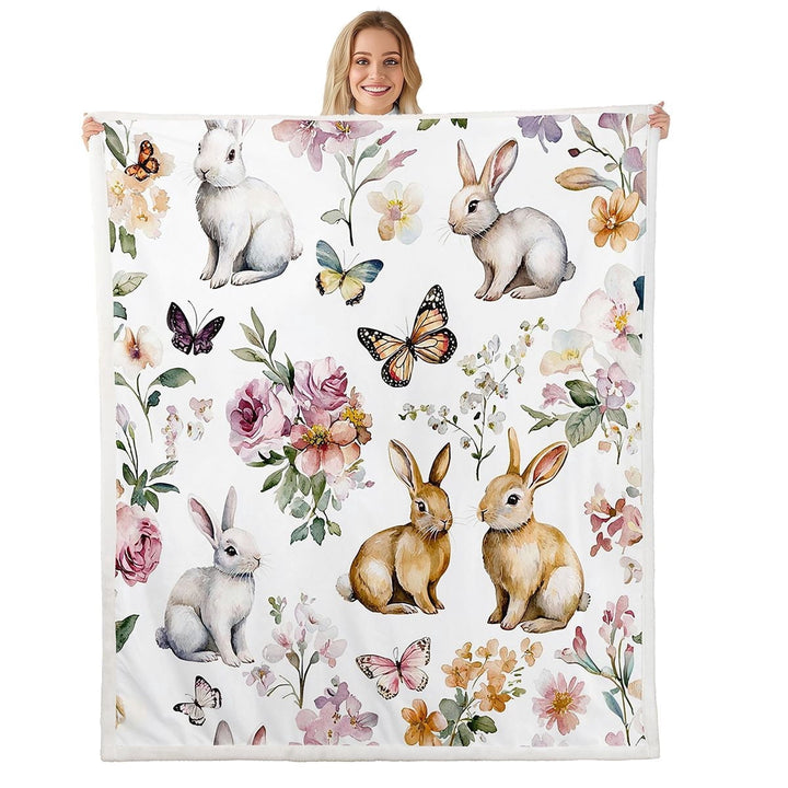 Easter Bunny Throw Blanket,Spring Flowers Fleece Blanket for Sofa Bed Couch,Watercolor Floral Rabbit Butterfly Fuzzy Blanket,Cute Pet Animals Sherpa Blanket Easter Gifts,Throw 50x60