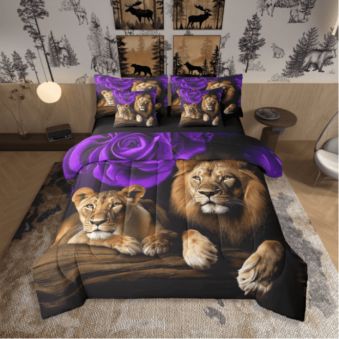 Erosebridal Lion Bed In A Bag King Size Comforter Set 7 Pieces,Purple Rose Sheet Set With Comforter,Western Bedding Sets,African Animals Purple King Bed Set Wildlife Flowers Room Decor