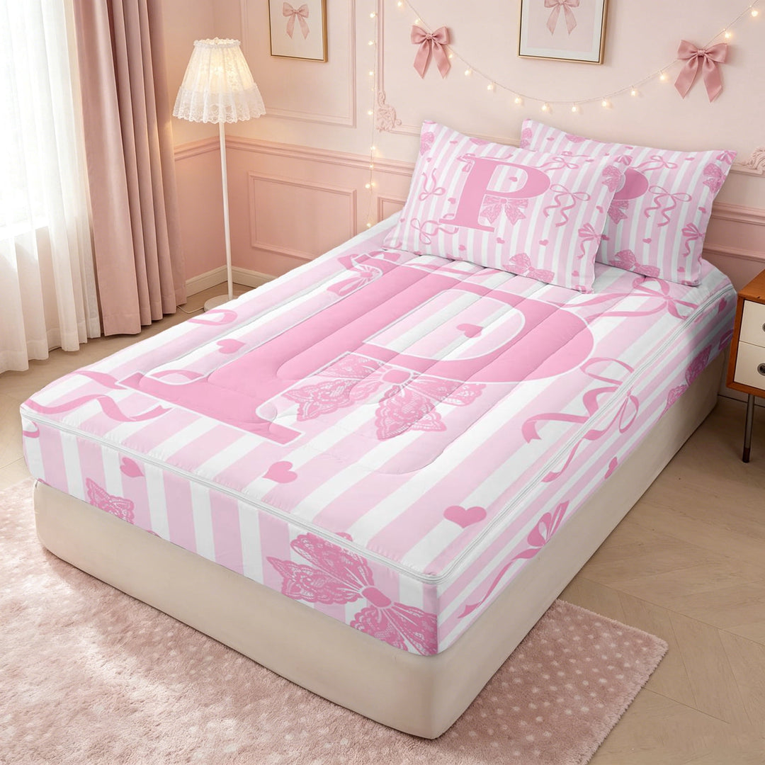meiyoeat Coquette Bow Letter P Zipper Full Size Comforter Sets with Fitted Sheet and 2 Pillowcases for Girls, Pink Princess Ribbon Zipper Bedding Set, Pink Reversible, 4pcs