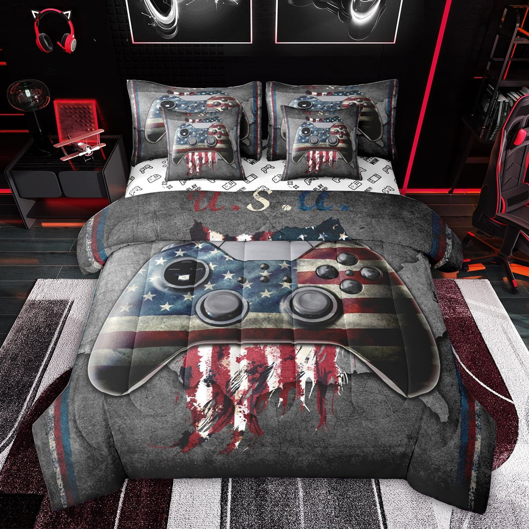 Feelyou Video Game Console Twin Bedding Sets 7-Piece for Boy, Retro American Flag Bedding Comforter Set, Cartoon Gamepad Reversible Sheet Sets, Super Cozy Room Decor