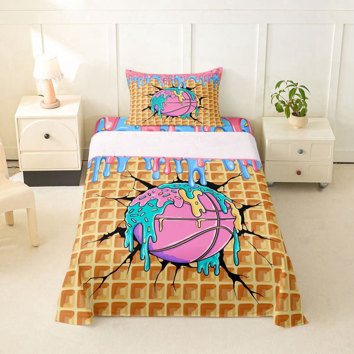 Erosebridal Basketball Sport Twin Sheet Sets for Kids Boys Girls, Ice Cream Drip Waffle Bedding, 1 Flat Sheet, 1 Fitted Sheet and 1 Pillowcase