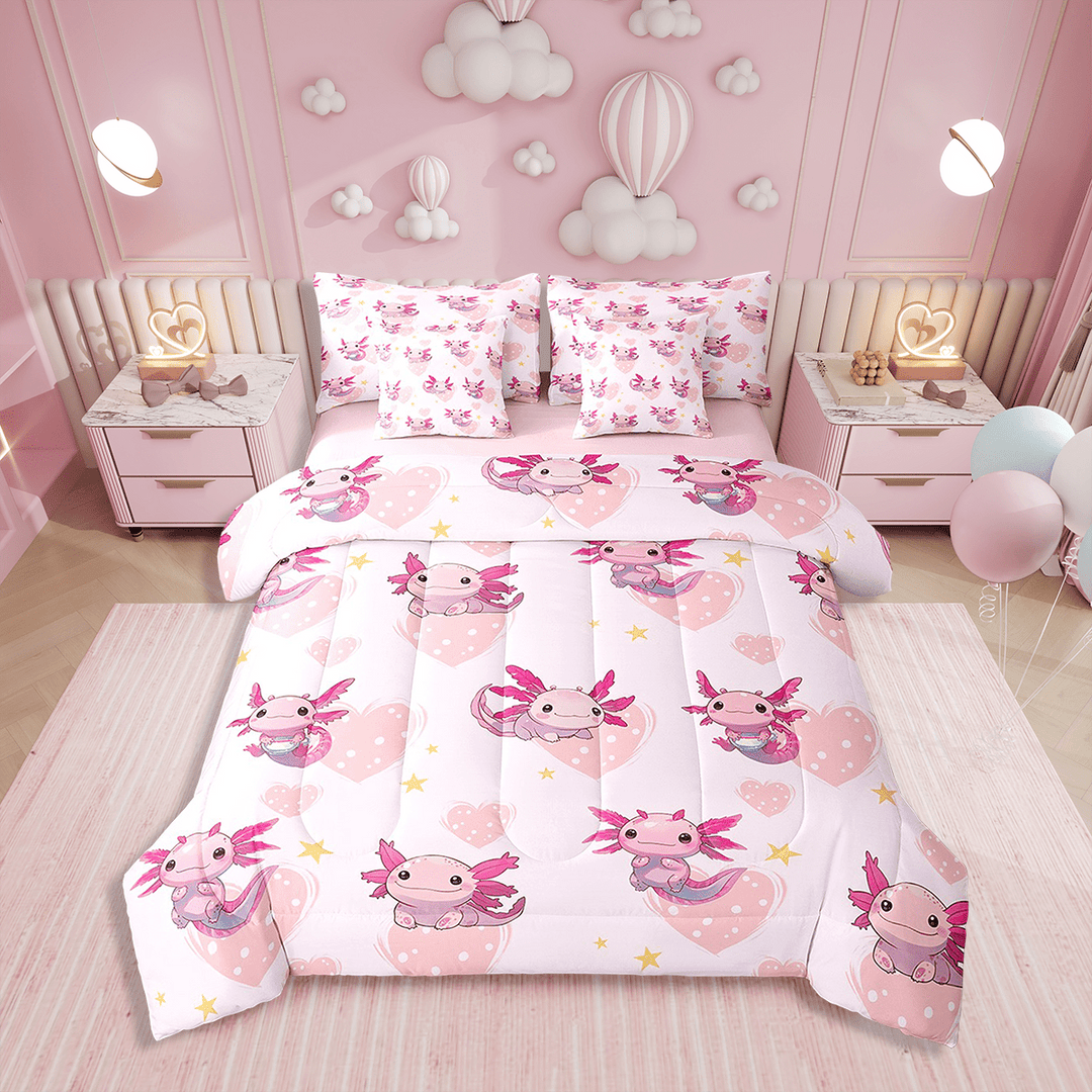Cartoon Axolotl Bedding Set Twin Size 7 Piece Bed in A Bag Coasal Animal Comforter Set Teens Super Soft All Season for Bedroom,Pink Reversible Bed Sets