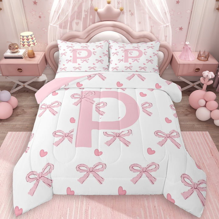 Erosebridal Cute Letter P Monogrammed Full Size Comforter Sets 3 Pieces For Kids Teens,Cartoon Bow Tie Bedding Sets For Girls,Pink Reversible,Lightweight Room Decor