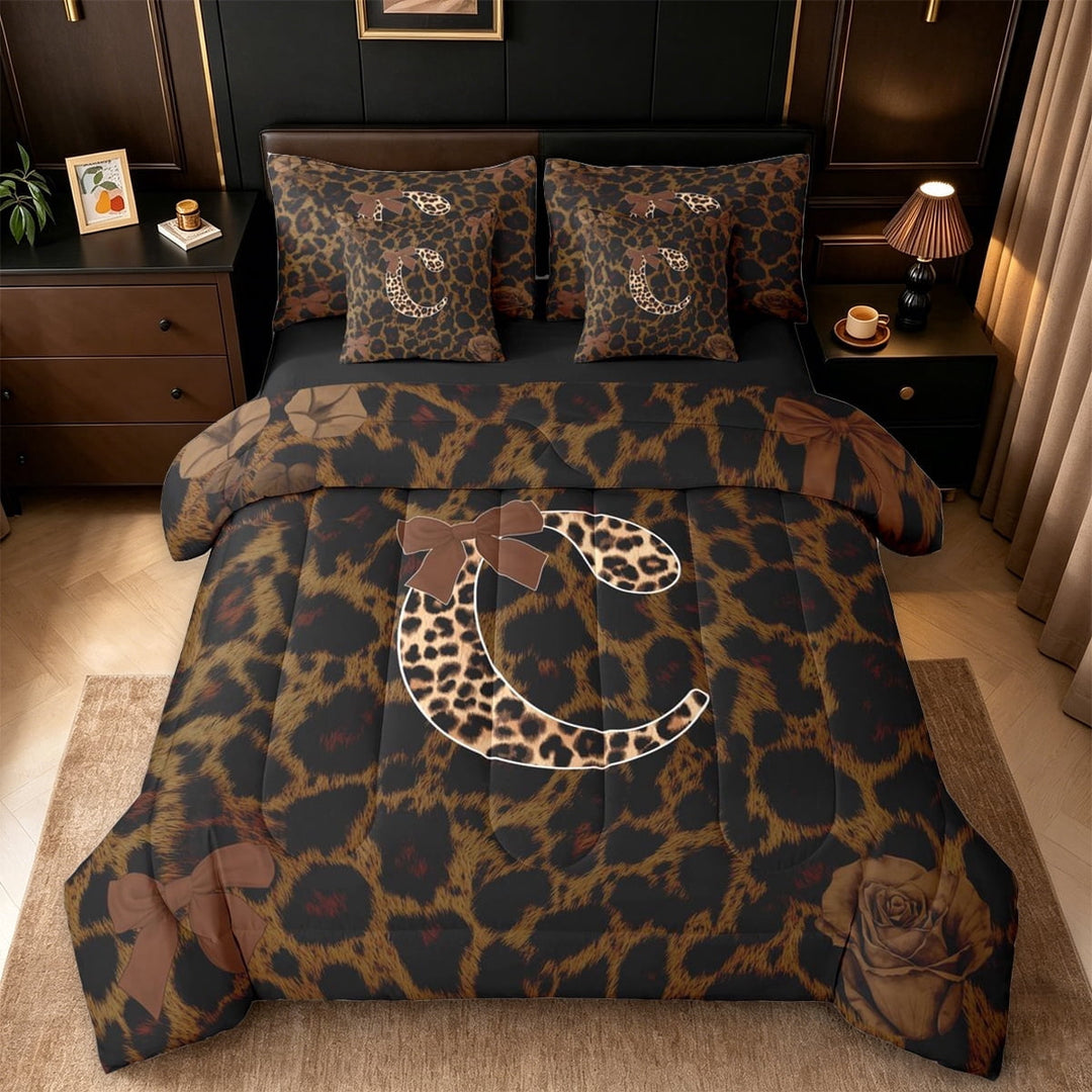 Erosebridal Fashion Cheetah Print 7-Piece Twin Bedding Sets For Women,Cute Bowtie Letter C Monogrammed Bedding Comforter Set For Girls Kids,Black Reversible