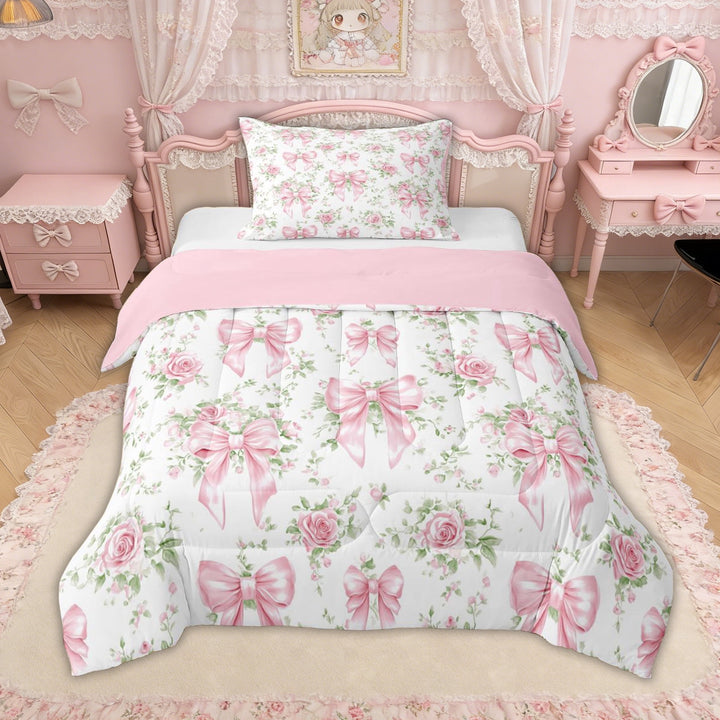 Erosebridal Pink Bow Ribbon Twin Comforter Sets for Girls, Retro Flower Floral Bedding Set, Pink Reversible, 2 Pieces