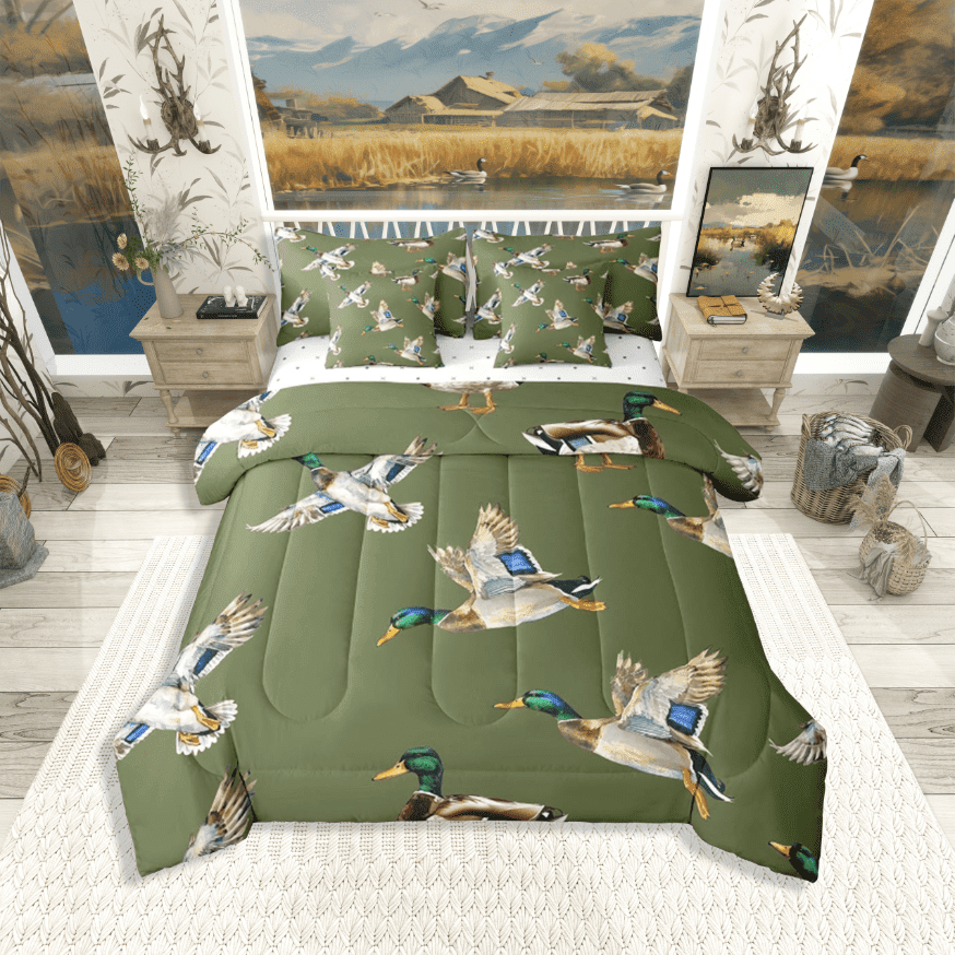 Manfei Cute Mallard Duck 7pcs Full Bedding Set - Wildlife Hunting Green Brown Style