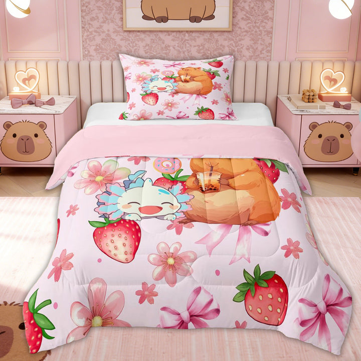 Erosebridal Capybara Axolotl Kid Twin Comforter Sets, Bow Flower Strawberry Bedding Set, Pink, 2 Pieces