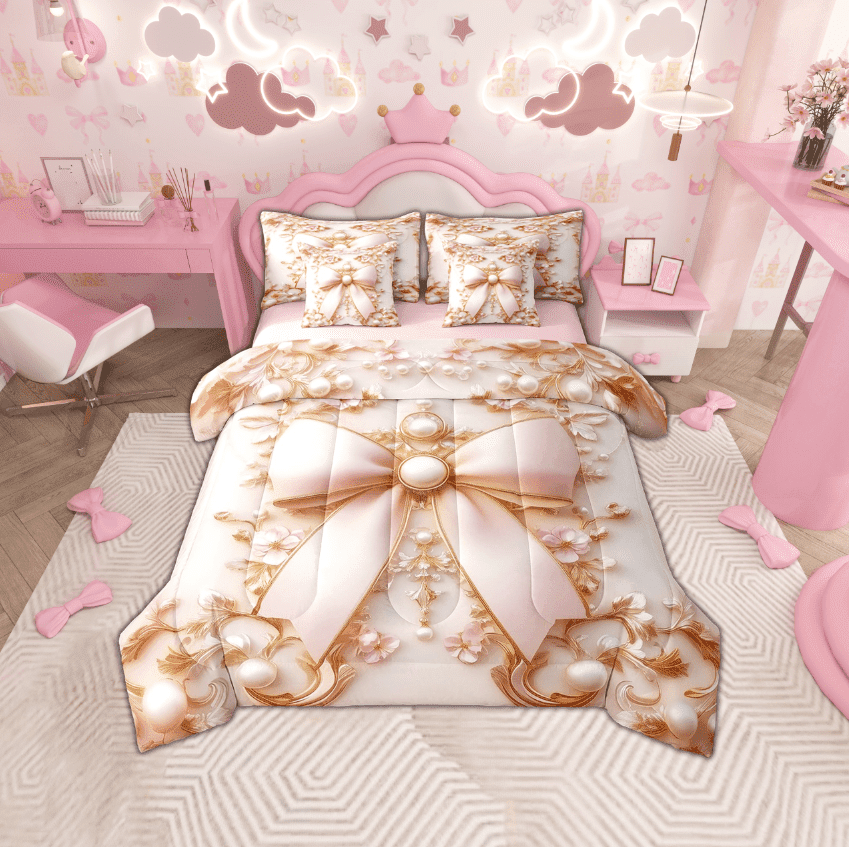 Erosebridal Princess Bowknot Bed in a Bag Twin Size, Royal Damask Pearl Bed Set, Princess Bedroom Decor, Reversible 7 Pieces