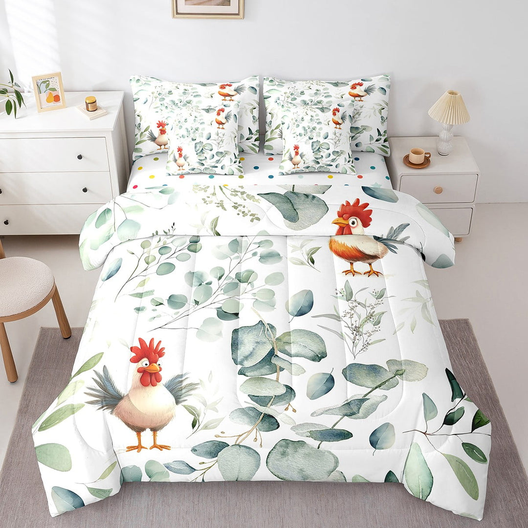 Cute Animal Bedding Comforter Sets 7pcs Cartoon Rooster Bed in a Bag, Eucalyptus Twin Bedding Sets Watercolor Leaves Comforter Set, Kawaii Farm Animal Bedding Sets