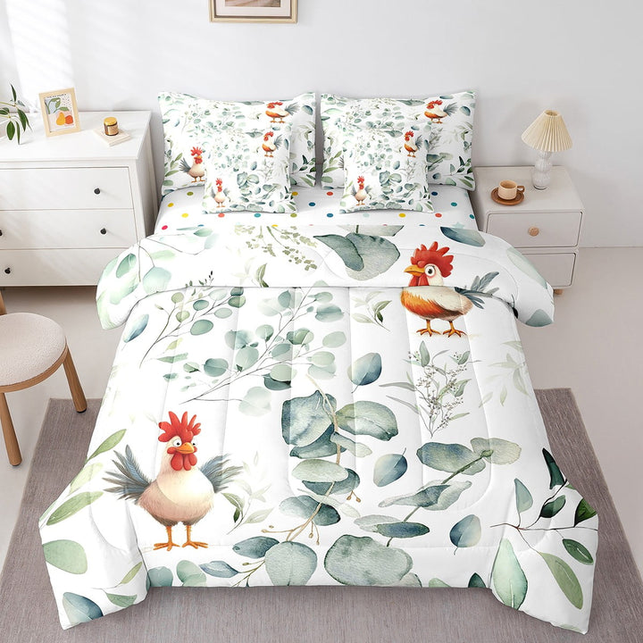 Cute Animal Bedding Comforter Sets 7pcs Cartoon Rooster Bed in a Bag, Eucalyptus Twin Bedding Sets Watercolor Leaves Comforter Set, Kawaii Farm Animal Bedding Sets