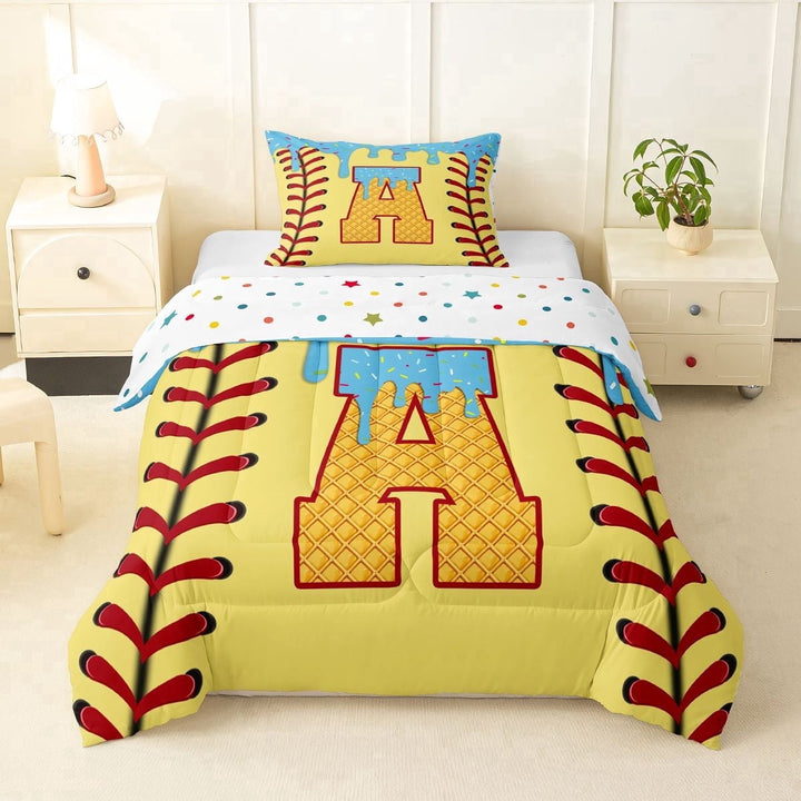 Erosebridal Light Blue Dripping Baseball Stitch &amp; Waffle Letter A Graphic Twin Comforter Sets 3-Piece, Alphabet Graphic Bedding Set for Boys And Girls Kids,Microfiber Bedroom Decor