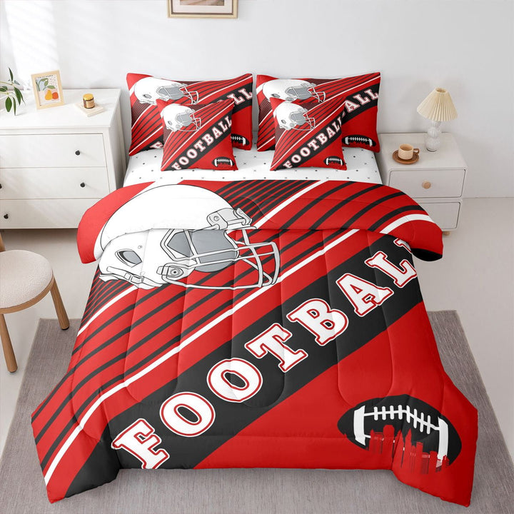 Rugby Comforter Set Twin Size Bed In A Bag, 7 Pieces American Football Bedding Set With Sheets, Red Comforter + Flat Sheet + Fitted Sheet + 2 Pillowcases + 2 Throw Pillow Covers (Tampa)