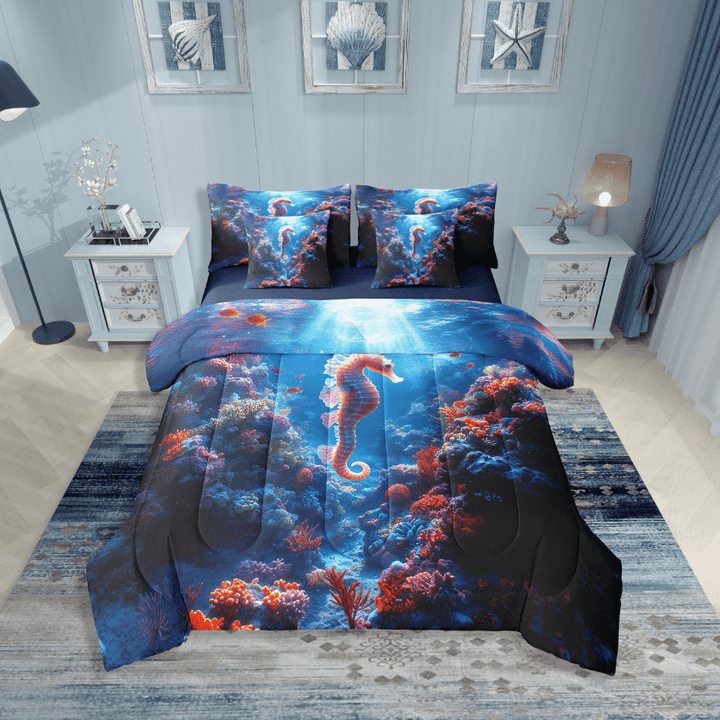 Erosebridal Marine Theme Seahorse Bedding Sets Twin Size,Ocean Animal Comforter Sets with Sheets,Sealife Decor,Reversible,Breathable,7-Piece