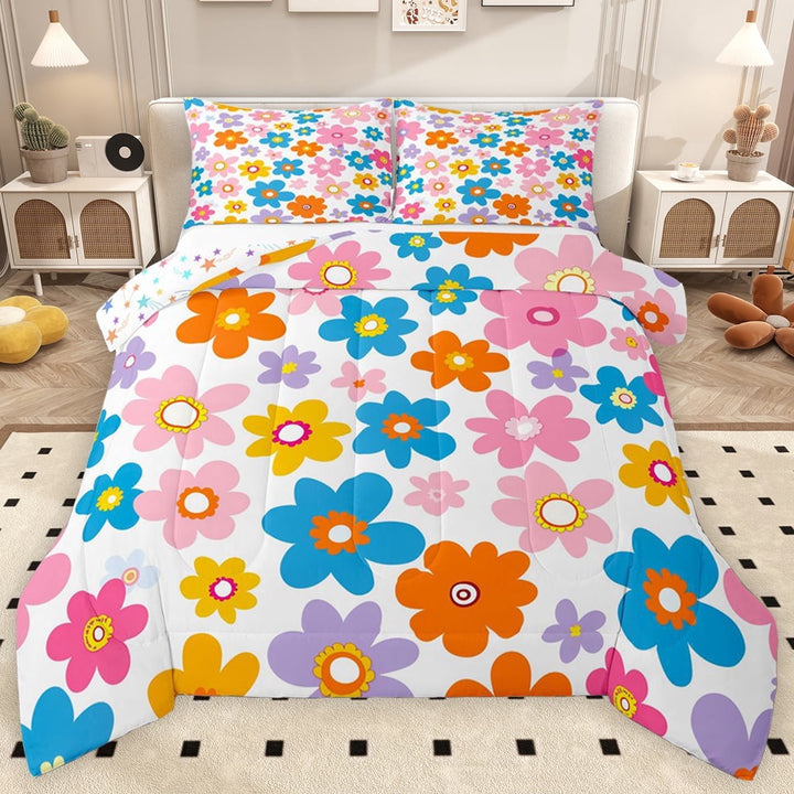 Erosebridal Groovy Flower Queen Comforter Set for Girls, Rainbow Floral Bedding Comforter Set, Colorful Stars Reversible 2pcs, 1 Comforter and 2 Pillowcases