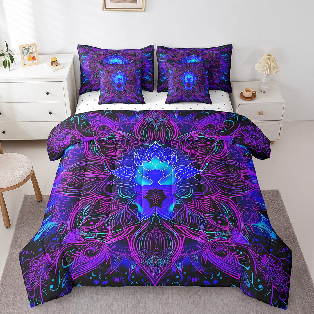 Psychedelic Lotus 7 Piece Comforter Set Full Bed in a Bag,Bohemian Exotic Flowers Bedding Sets Trippy Floral Mandala Sheet Set with Comforter,Blue Purple
