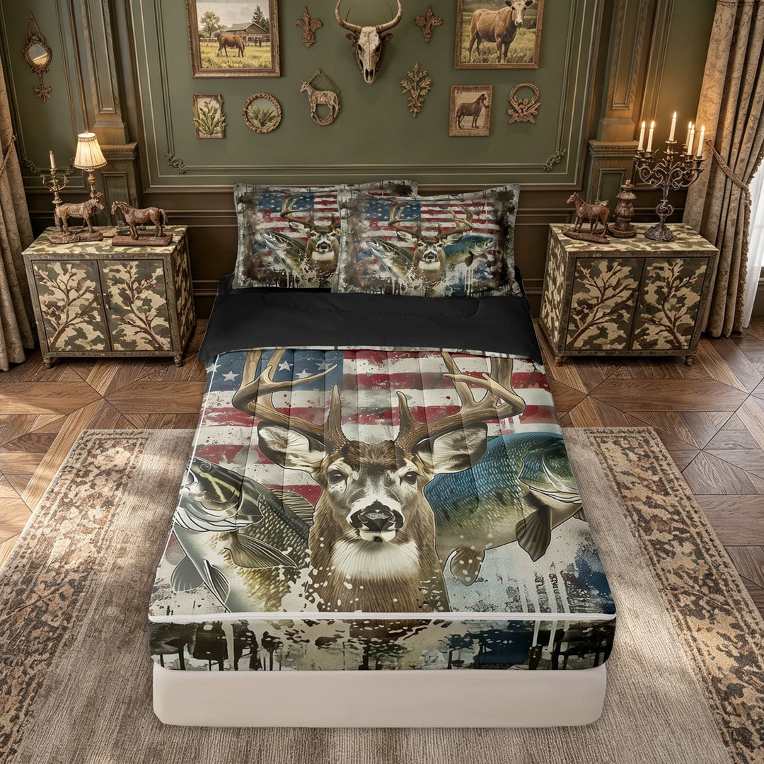 meiyoeat Watercolor Ink Deer Bass Fish Zipper Full Size Comforter Sets with Fitted Sheet and 2 Pillowcases for Men, Forest Animal US Flag Zipper Bedding Set, Beige, Black Reversible, 4pcs