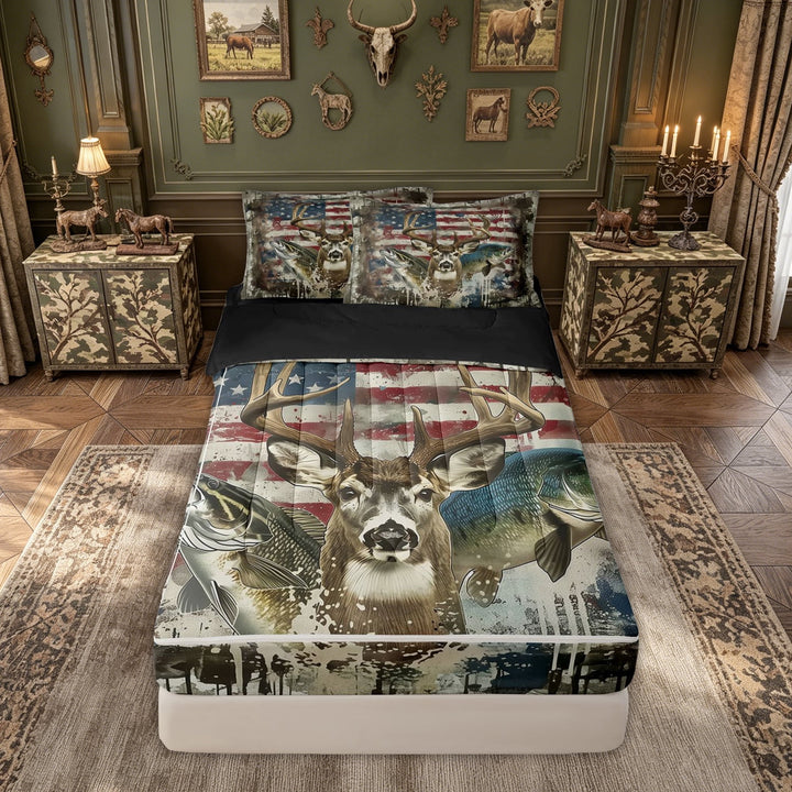 meiyoeat Watercolor Ink Deer Bass Fish Zipper Full Size Comforter Sets with Fitted Sheet and 2 Pillowcases for Men, Forest Animal US Flag Zipper Bedding Set, Beige, Black Reversible, 4pcs