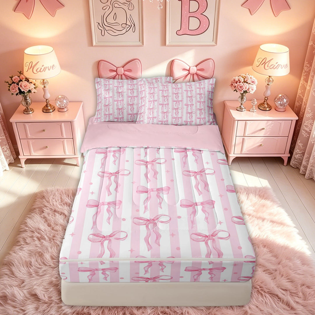 meiyoeat Girly Stripe Princess Bow Zipper Twin Comforter Sets with Fitted Sheet and 2 Pillowcases for Girls Females, Watercolor Polka Dot Zipper Bedding Set, Pink White, Pink Reversible, 4pcs