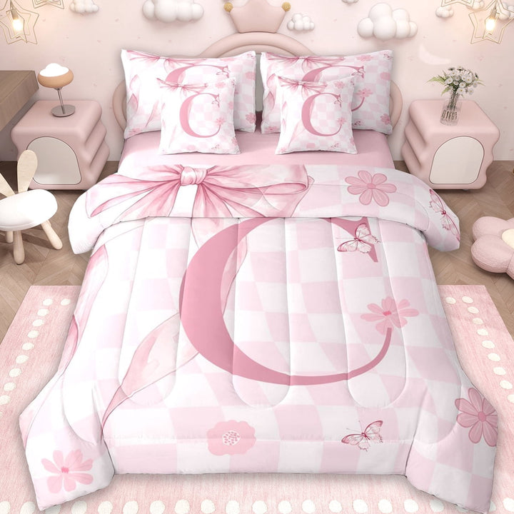 Erosebridal Kawaii Bowtie Ribbon 7-Piece Twin Bedding Sets,Letter C Monogrammed Bedding Comforter Set For Girls Kids,Reversible pink