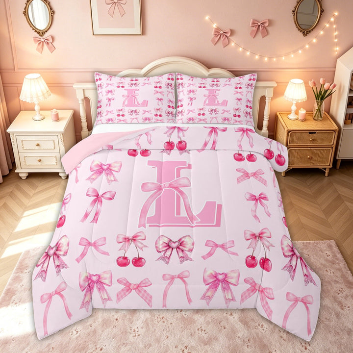 meiyoeat Cute Bow Letter L Full Size Comforter Sets for Kids, Bowknot Cherry Bedding Comforter Set for Kids, Pink, Pink Reversible, 3-Piece, 1 Comforter and 2 Pillowcases