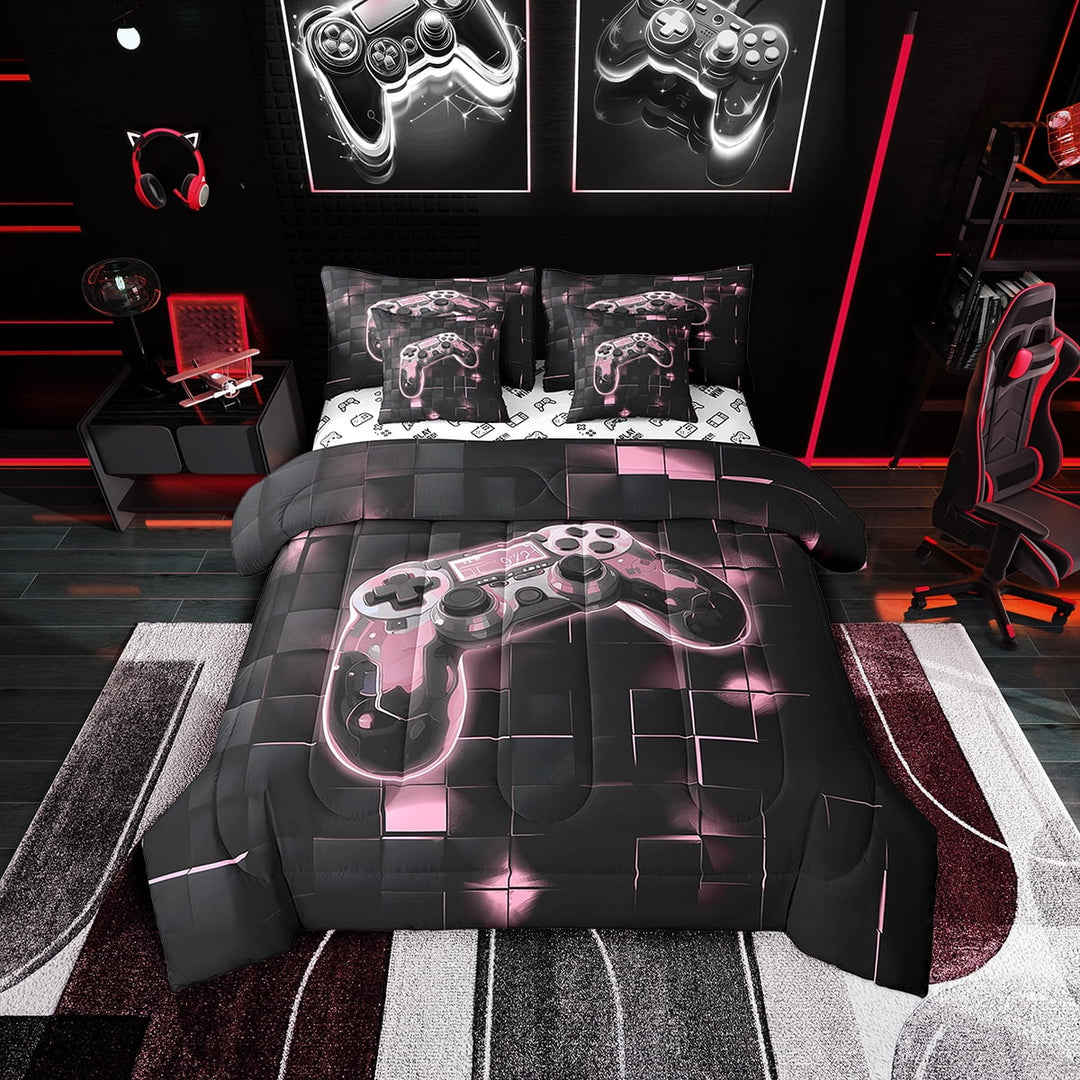 Gaming Twin Comforter Set with Sheets,Pink and Black Gamer Bedding Sets 7 Piece Video Game Room Decor,Geometry Checkered Bed in a Bag,Gamepad Bed Set with Pillowcases &amp; Shams