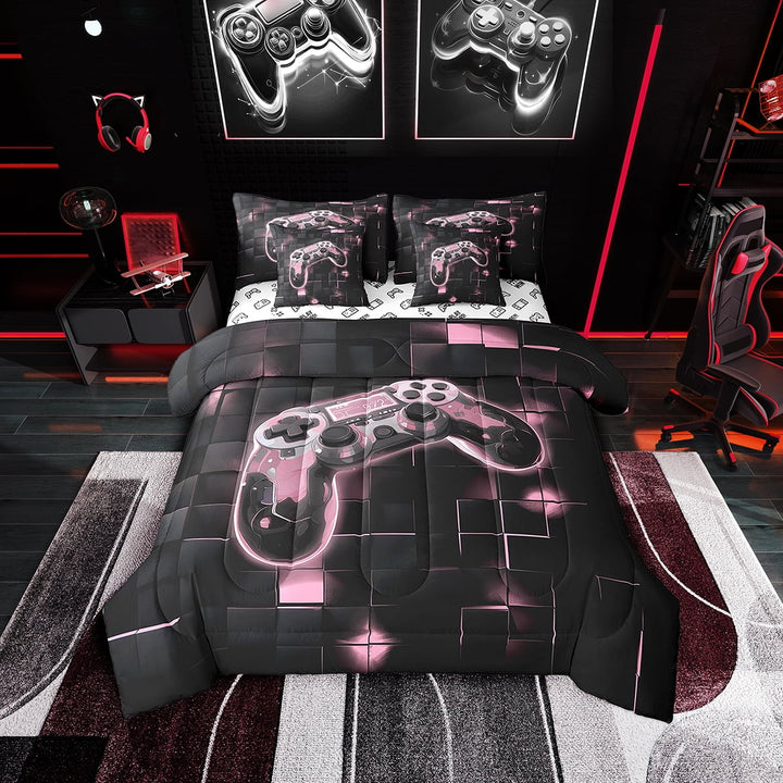 Gaming Twin Comforter Set with Sheets,Pink and Black Gamer Bedding Sets 7 Piece Video Game Room Decor,Geometry Checkered Bed in a Bag,Gamepad Bed Set with Pillowcases &amp; Shams