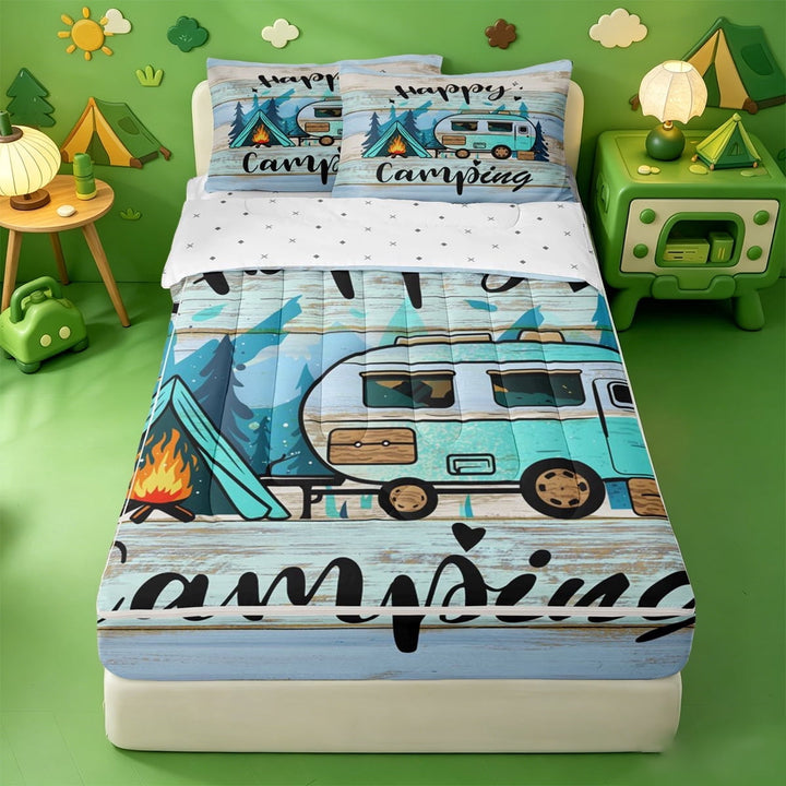 Erosebridal Rustic Camping Pattern Zipper Full Size Comforter Sets with Fitted Sheet and 2 Pillowcases,Adventure Camper Tent Zipper Bedding Set For Boys,Reversible,4 Pieces