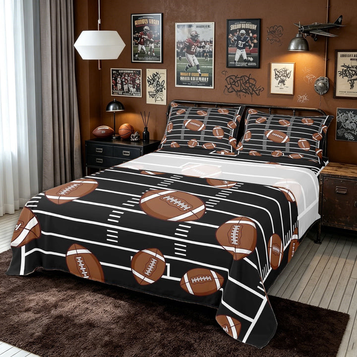meiyoeat Cartoon Football Bed Sheets for Boys, Field Sport Full Size Sheets, Black Brown, 4-Piece, 1 Flat Sheet, 1 Fitted Sheet and 2 Pillowcases