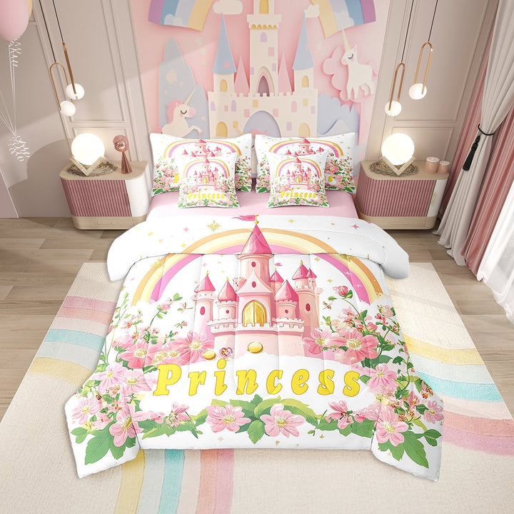 Erosebridal Cartoon Castle Bedding Twin Size, Rainbow Flower Bedding Sets Twin Size, Princess Style Decor, Reversible 7pcs
