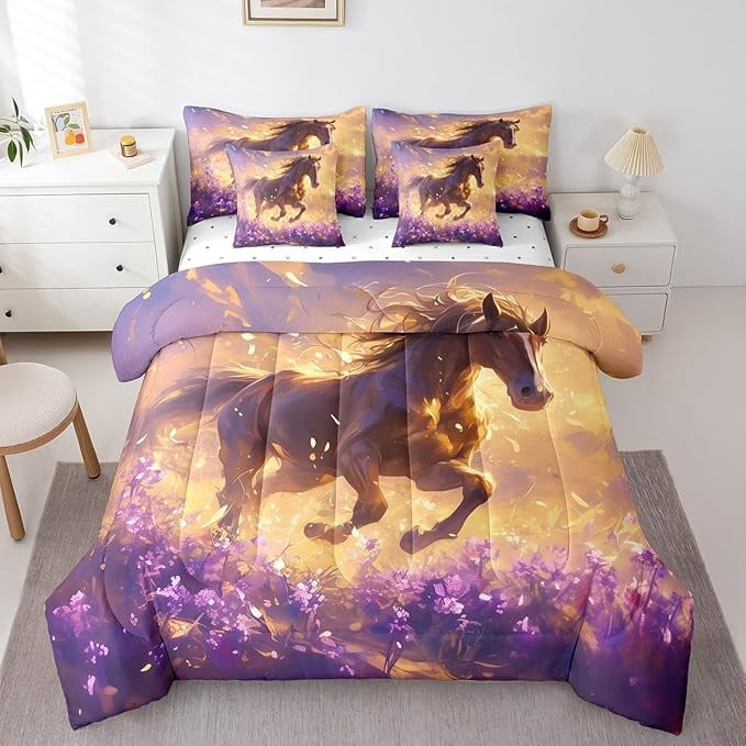 Erosebridal Horse Comforter Set with Sheets Purple Floral Flowers 7 Piece Bedding Set Wildlife Animal Horse Bed in a Bag Soft Bed Set Full Size