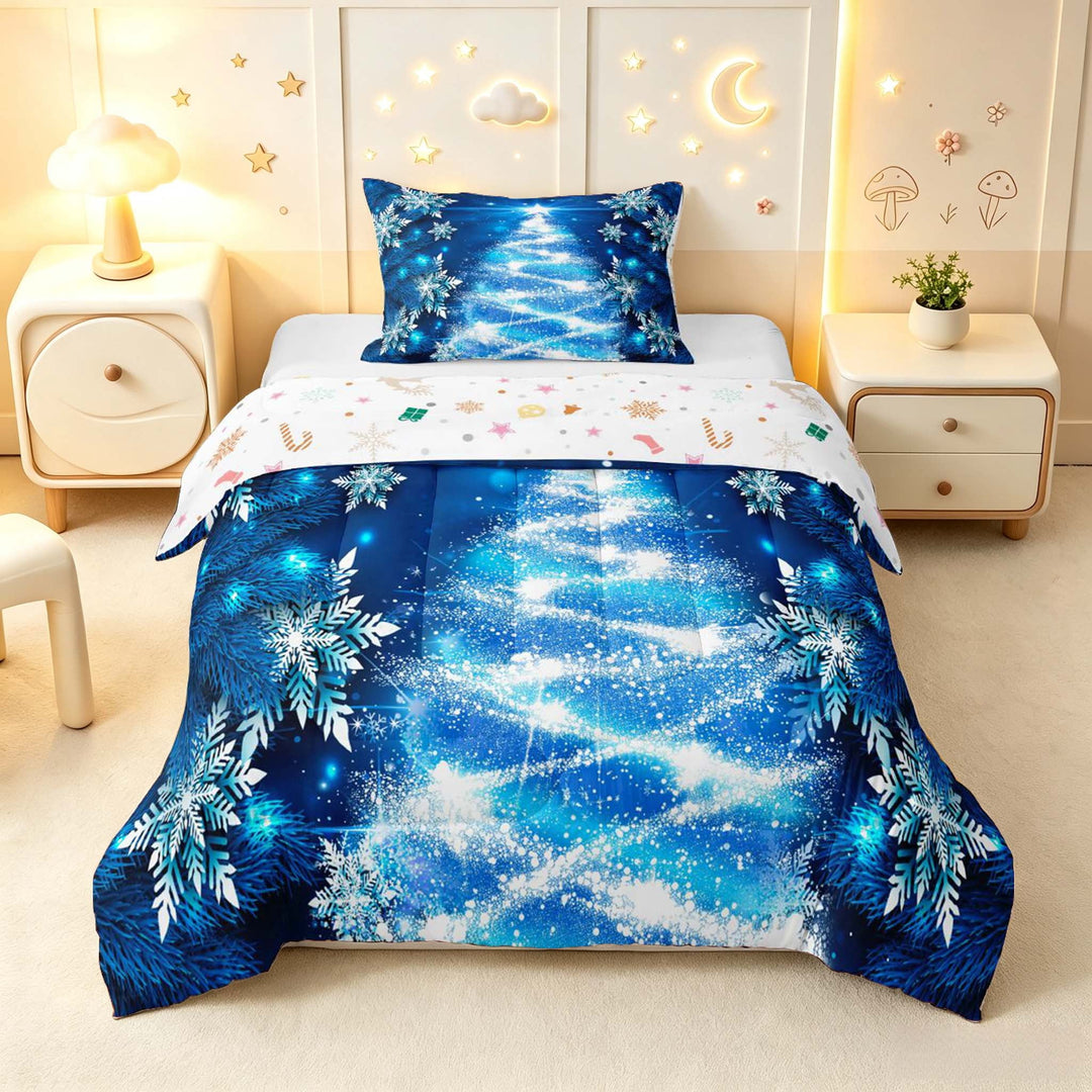 Manfei Glowing Christmas Tree Twin Comforter Sets,Dreamy Snowflake Bedding Set,Navy Blue,Christmas Reversible,2-Piece,1 Comforter and 1 Pillowcase